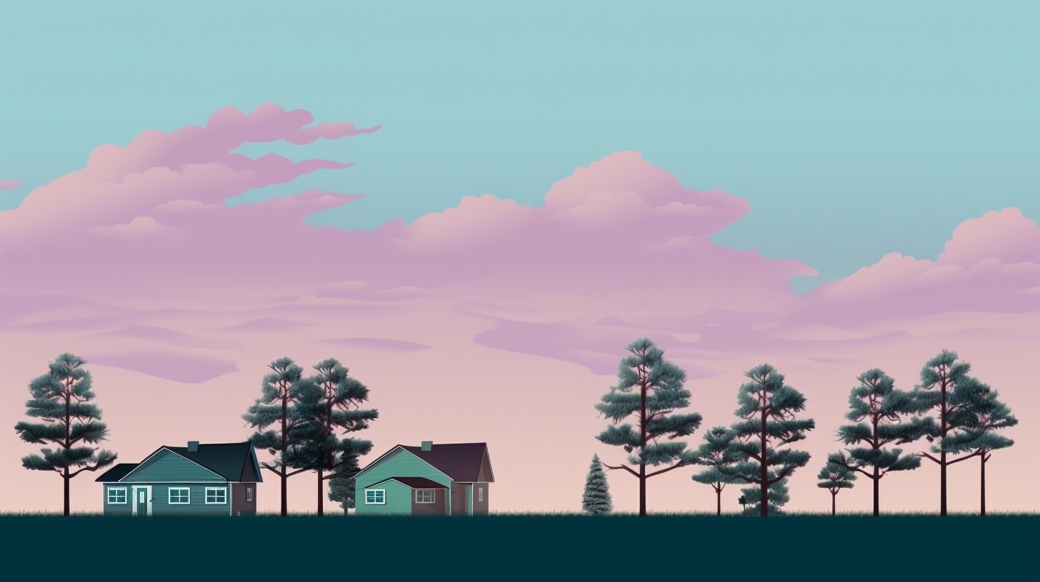 pine trees around two blue homes