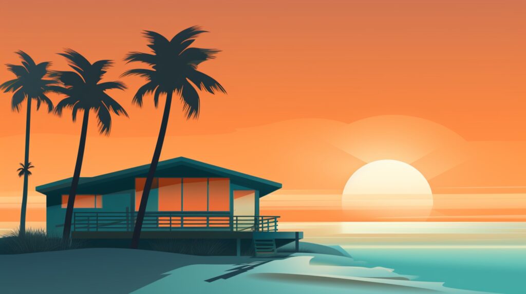 house on the beach with sunset and palm trees in background