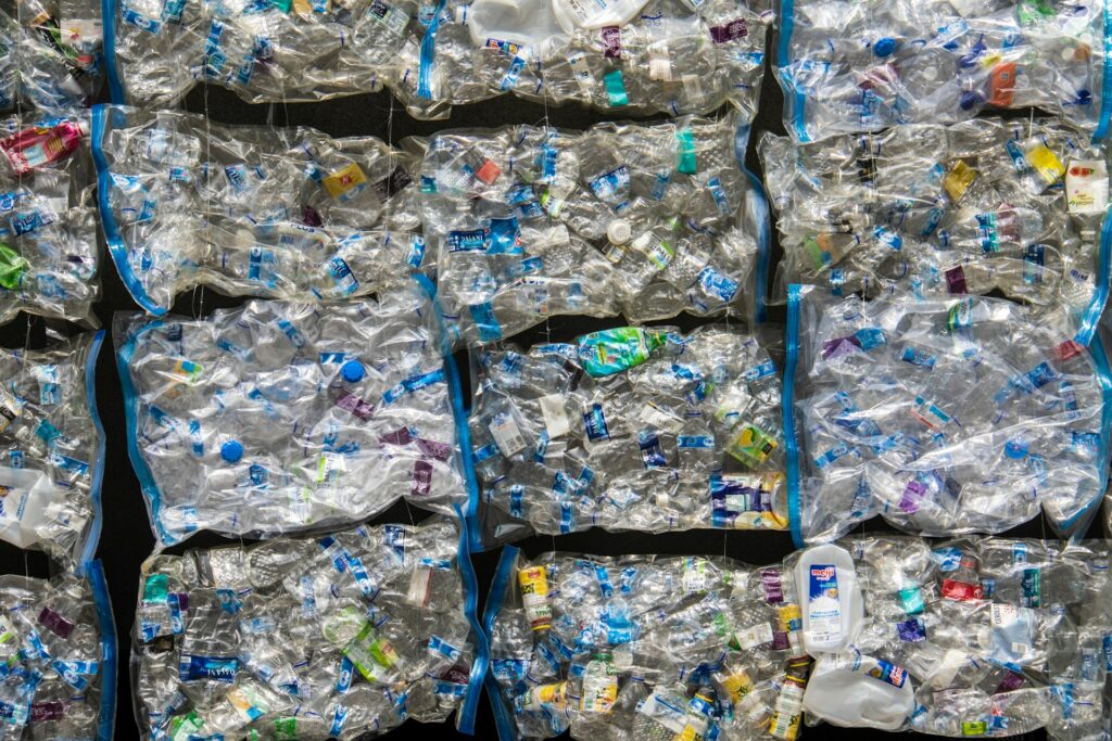 Bags of wasted plastic water bottles