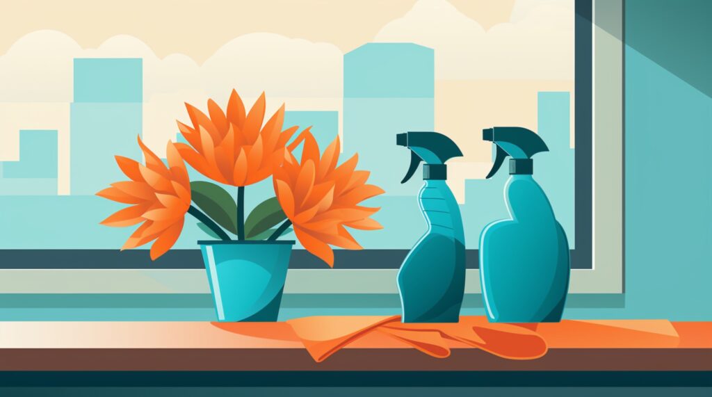 orange flowers, spray bottles, and cloths sitting on counter
