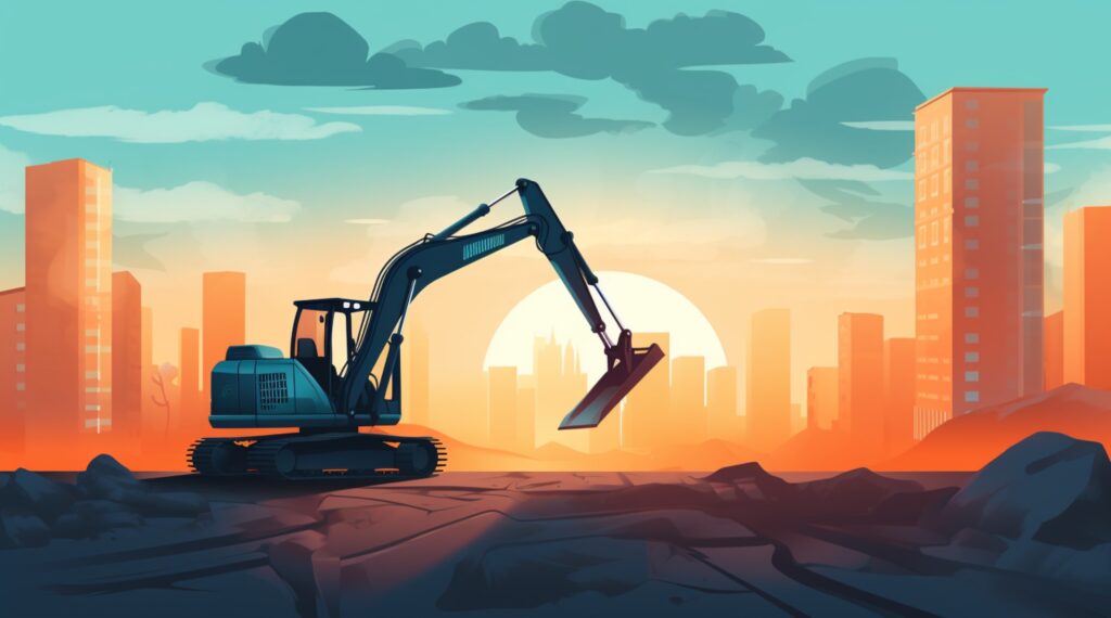 construction site with bulldozer and city skyline in background