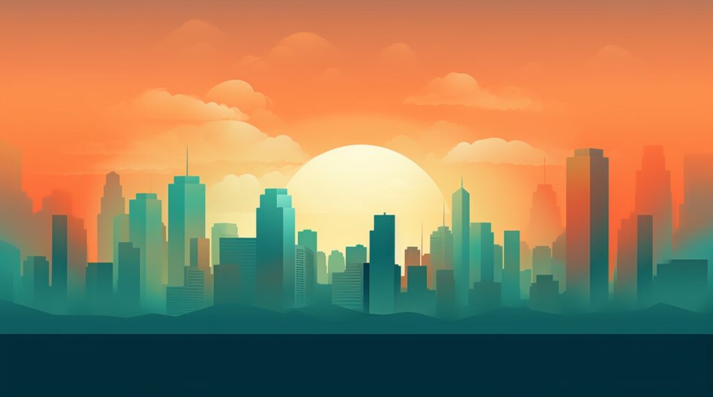 city skyline with sunset in background