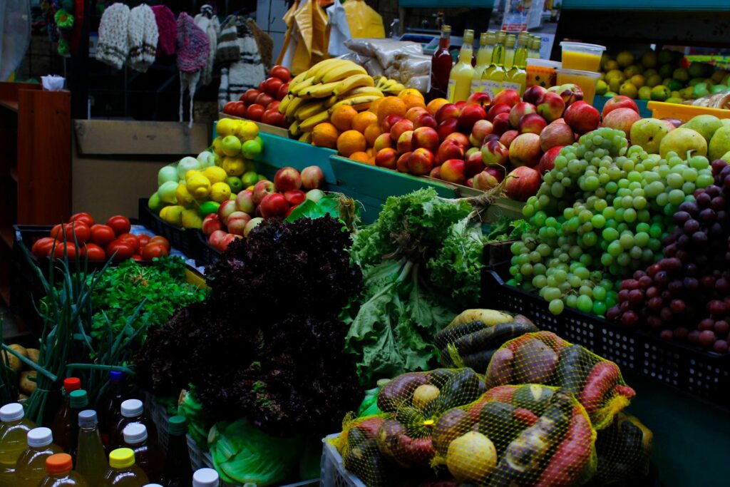 fruit and vegetables in shop on stall