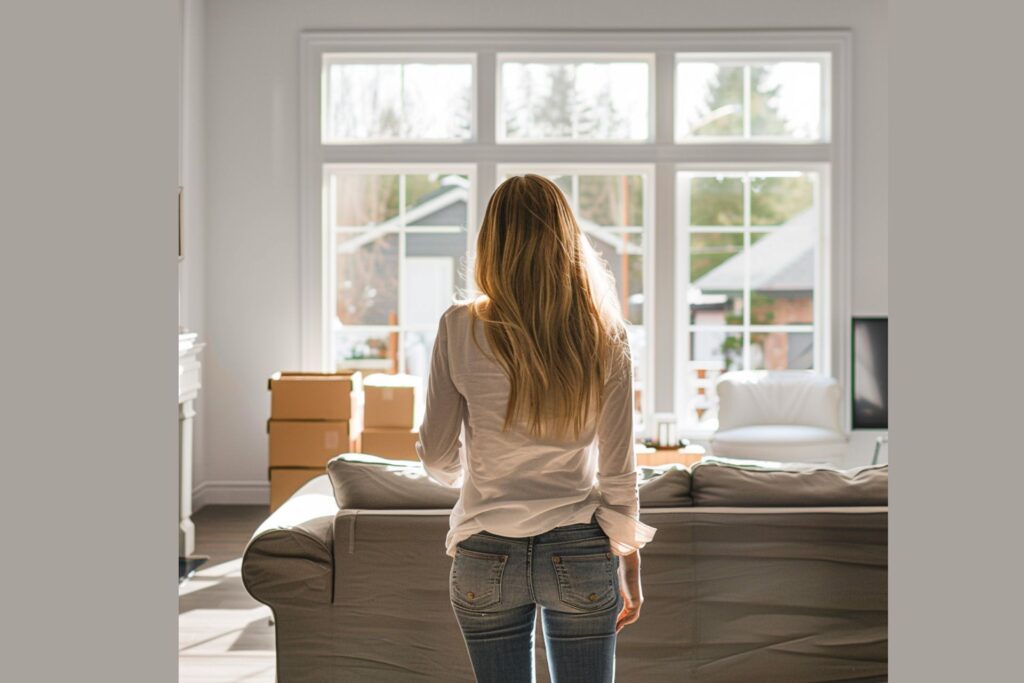 young woman standing in a living room with packing boxes in the background