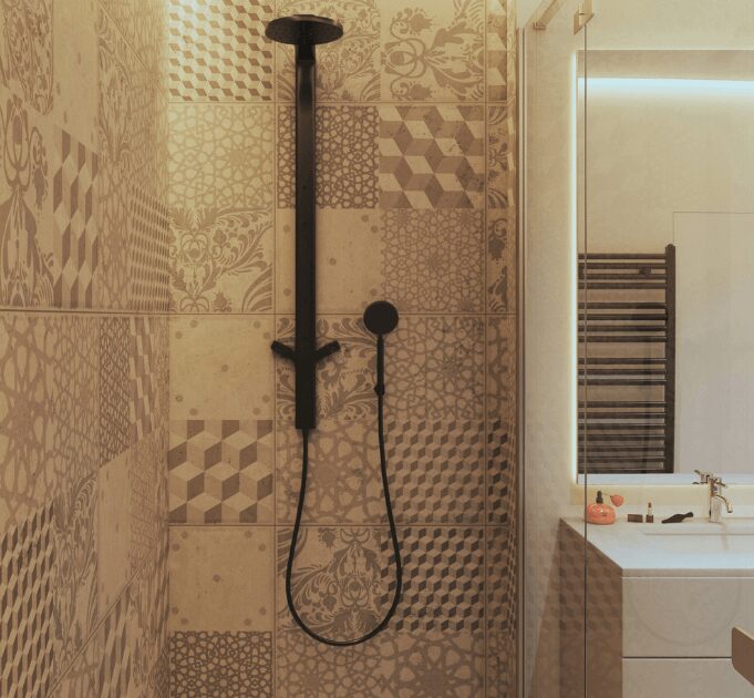 A curbless shower with a dettachable shower nozzle seperate from the shower head.