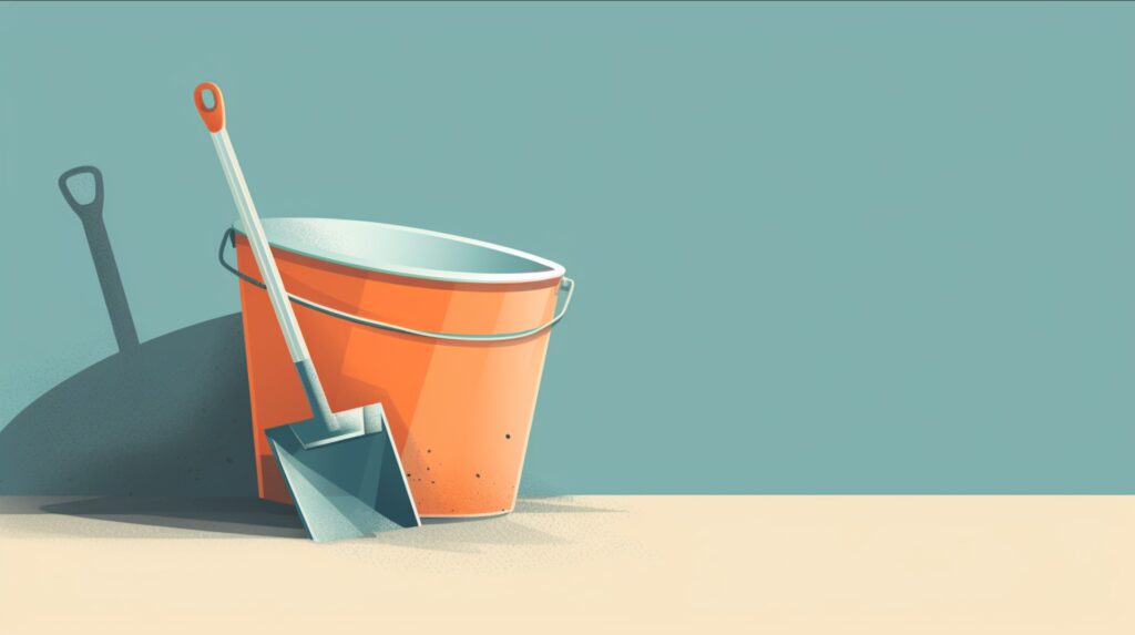 orange bucket and small shovel leaning against a wall