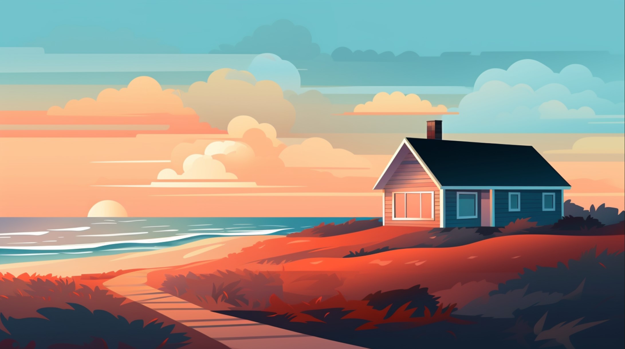 beach house in front of the beach with a walking path. sunset in the background