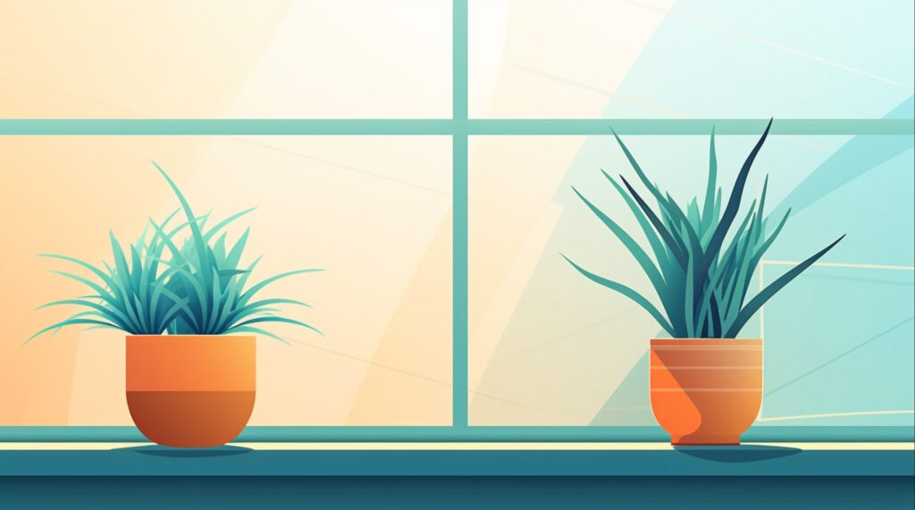 two plants sitting in plant pots on a window sill