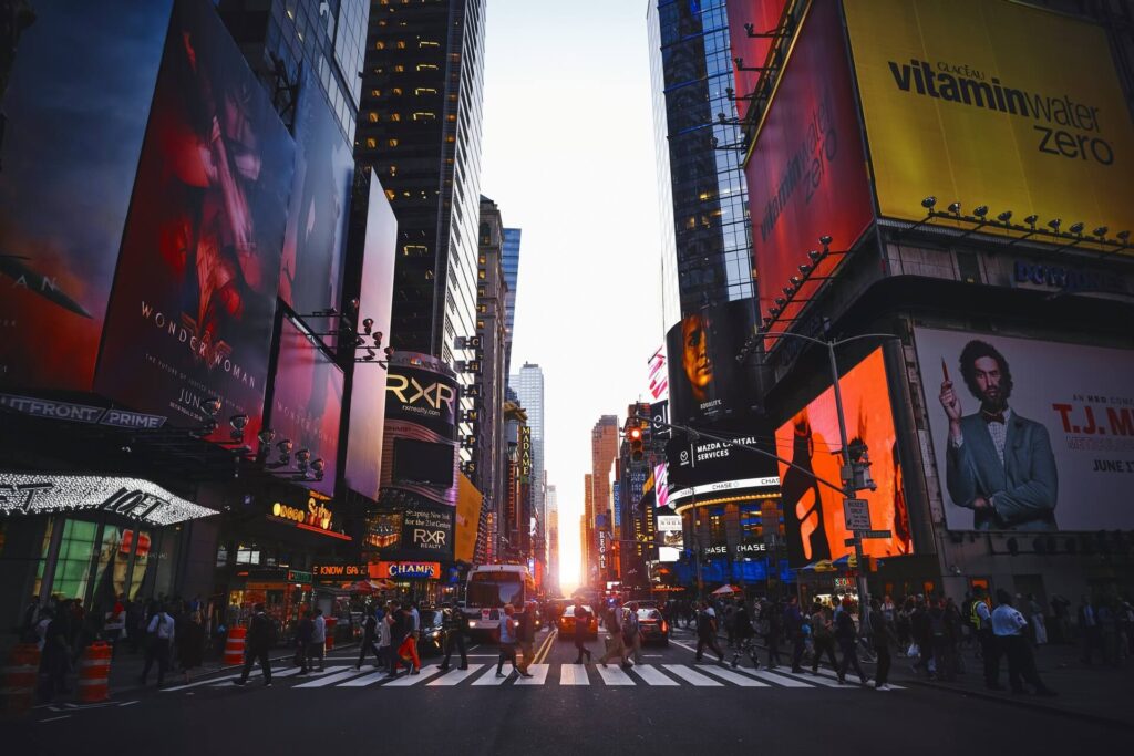 Pedestrians crossing in Times Square.