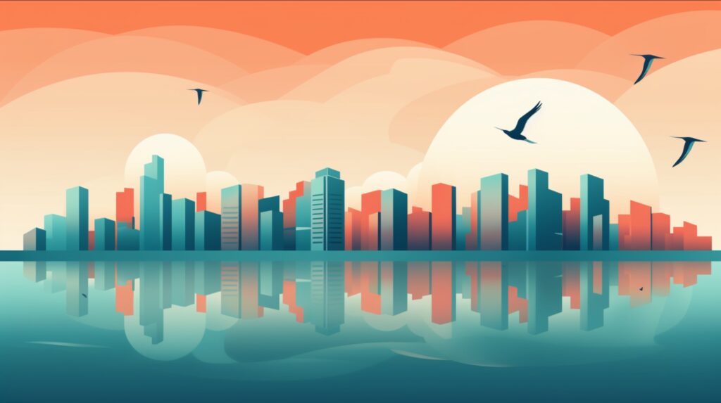 city skyline surrounded by water and birds flying in the air