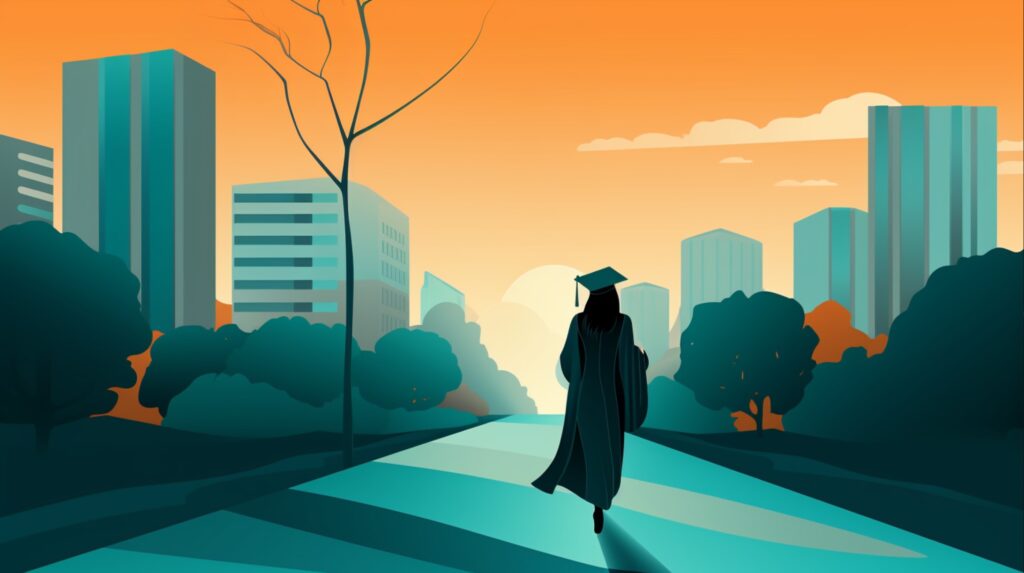 woman wearing a cap and gown walking on a path with tall buildings in background