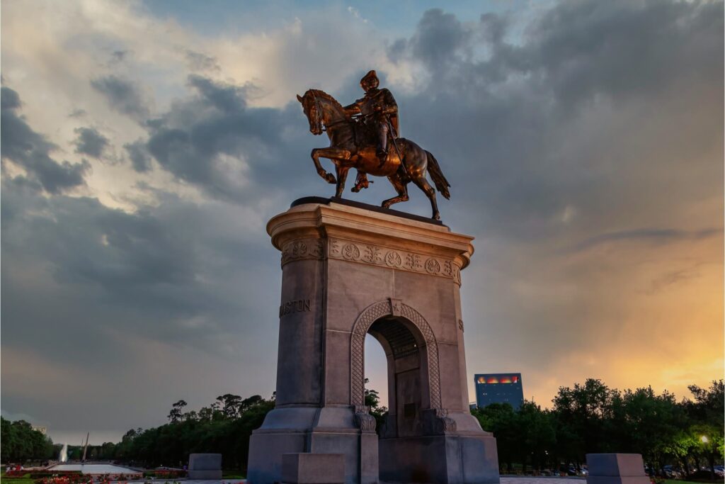 The Sam Houston Monument as seen from the ground.