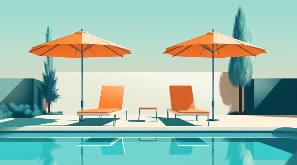 inground pool with orange lounge chairs and umbrellas on the pavement