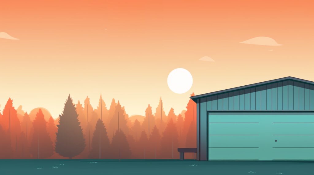 large garage with trees and a sunset in the background