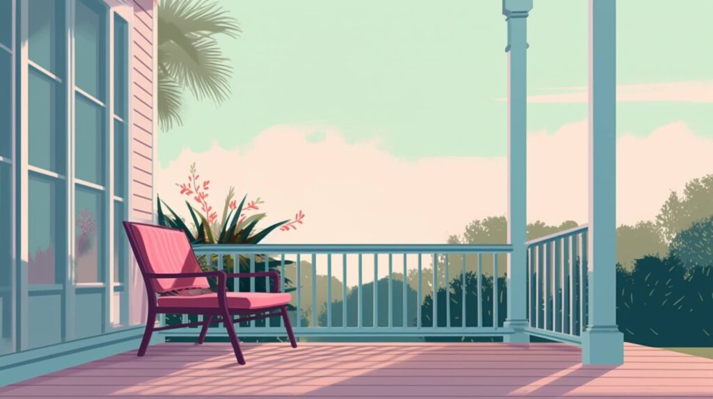 front porch of a home with a pink chair