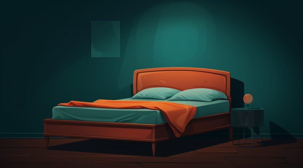 unmade bed with orange sheets and night stand next to bed