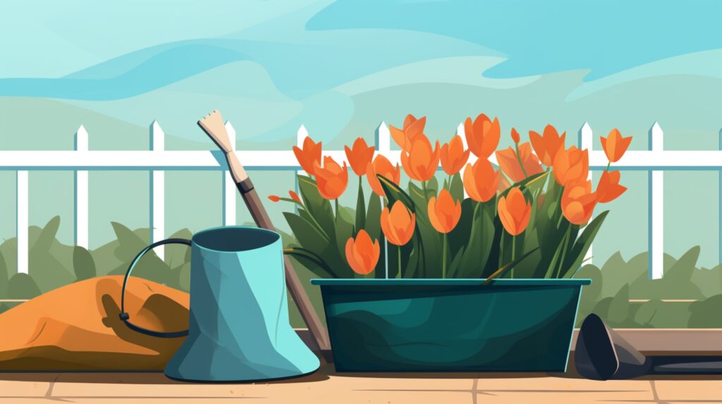 flowers in pot outside with gardening tools around it