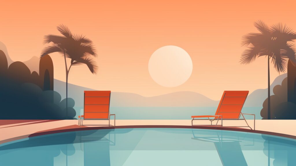 pool with orange lounge chairs, palm trees, and sunset in the background