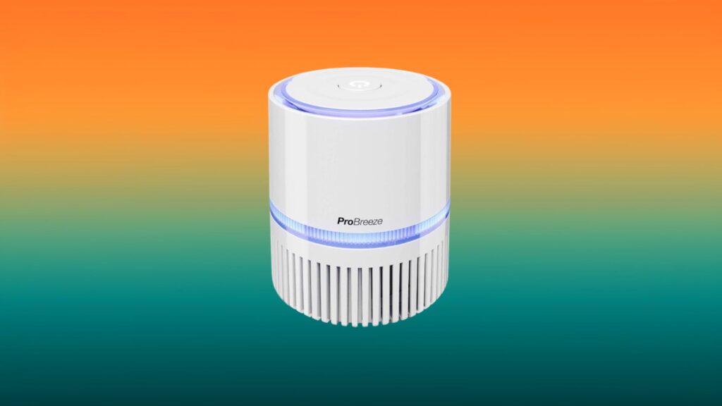 white ProBreeze Small air purifier with an orange and teal gradient background