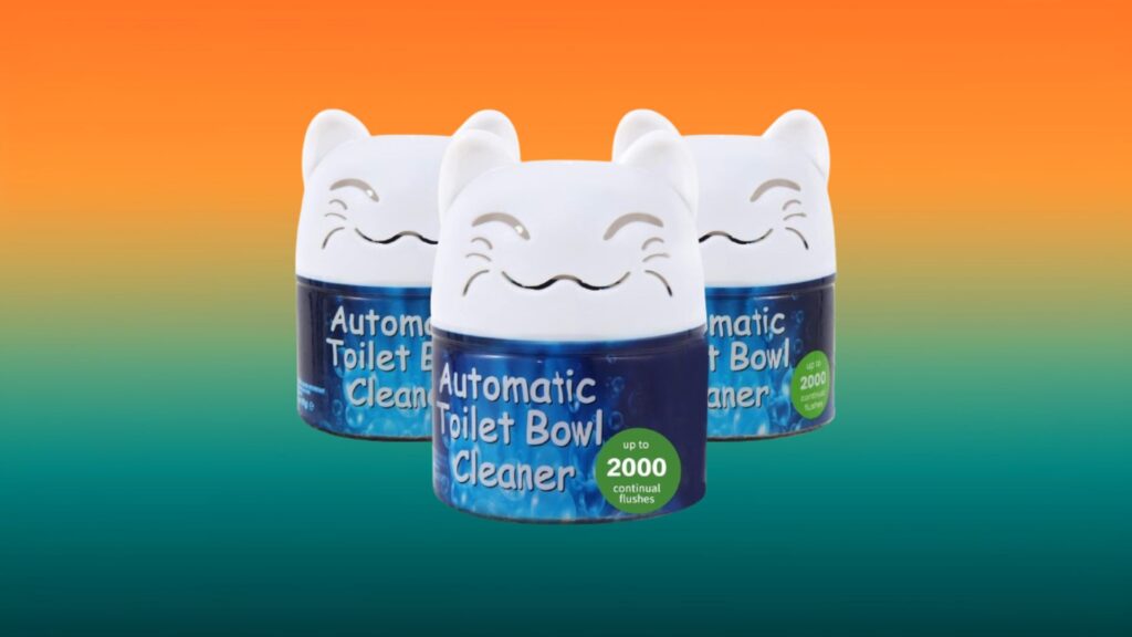 blue and white cat-shaped containers of toilet bowl cleaner