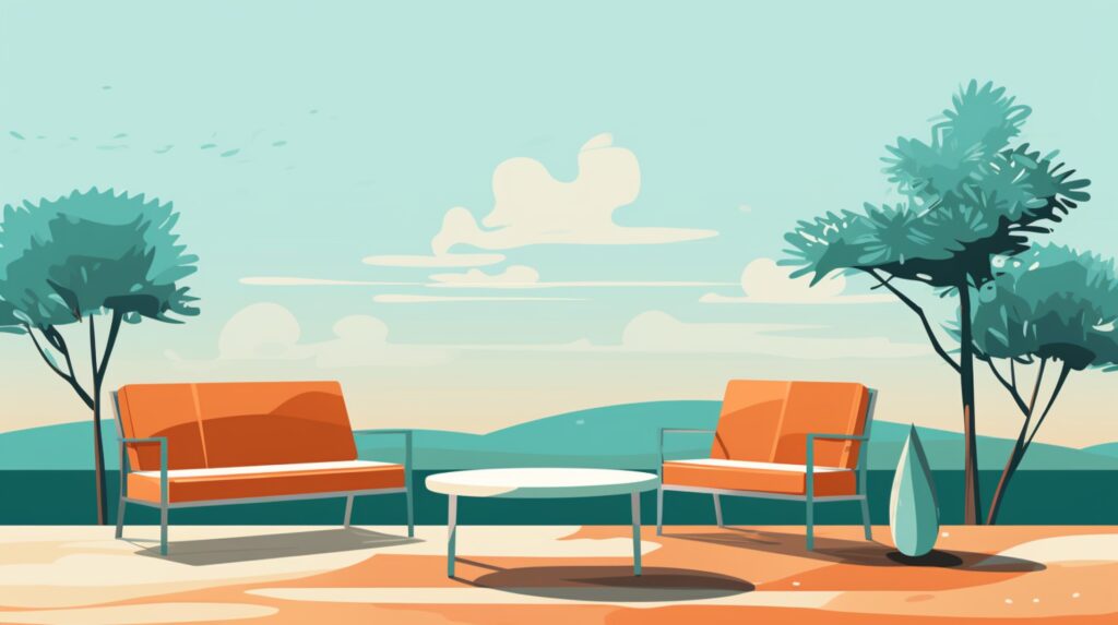 clean outdoor furniture on a patio with trees and mountains in the background