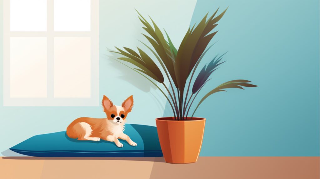 small dog on blue dog bed next to a tall potted plant