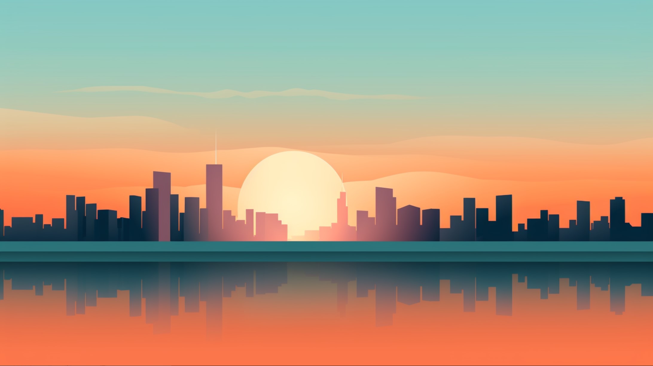 city skyline with setting sun and water