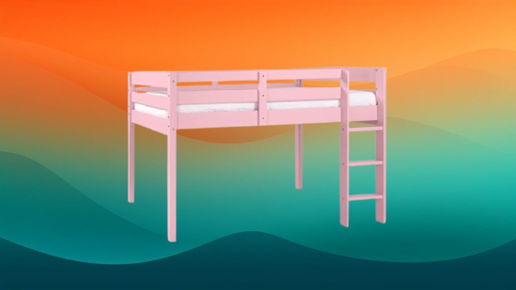 pink lofted bed frame in front of an orange and teal background