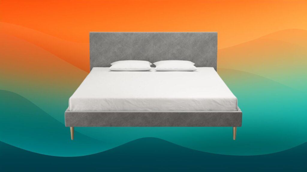 felt light gray bed frame in front of an orange and teal background