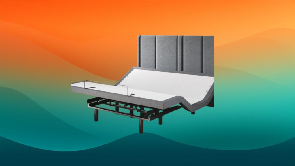 gray adjustment best bed frame in front of an orange and teal background