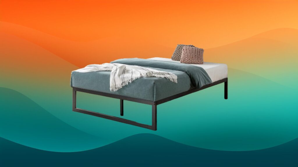 black metal best bed frame in front of an orange and teal background