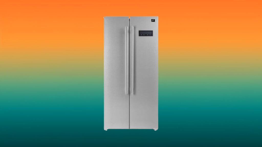 double door silver fridge in front of an orange and teal gradient background