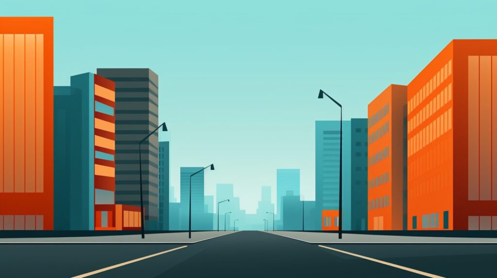 orange and blue skyscrapers on either side of an empty street