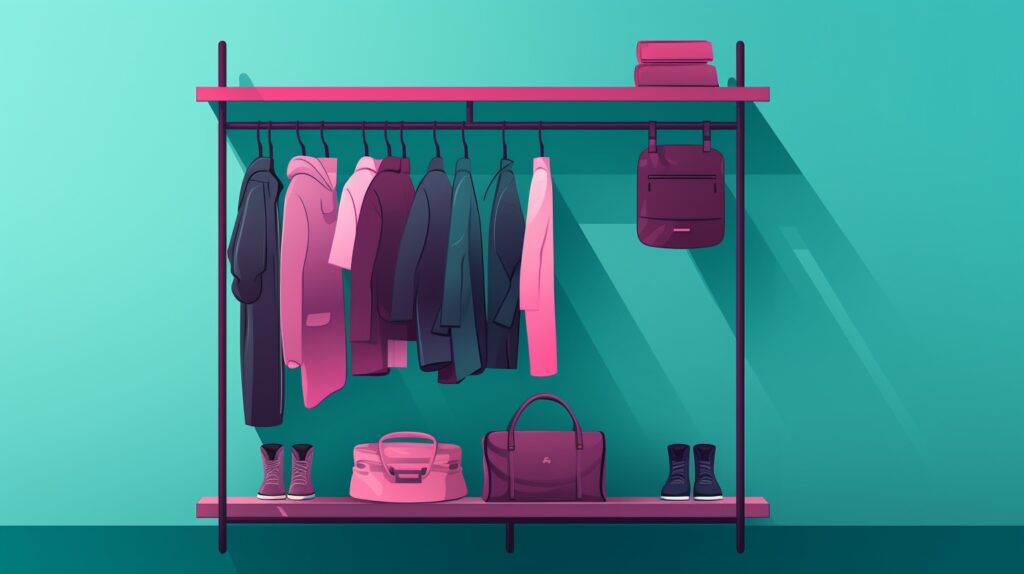 clothes rack with shirts, jackets, and bags hanging with shoes and bags underneath