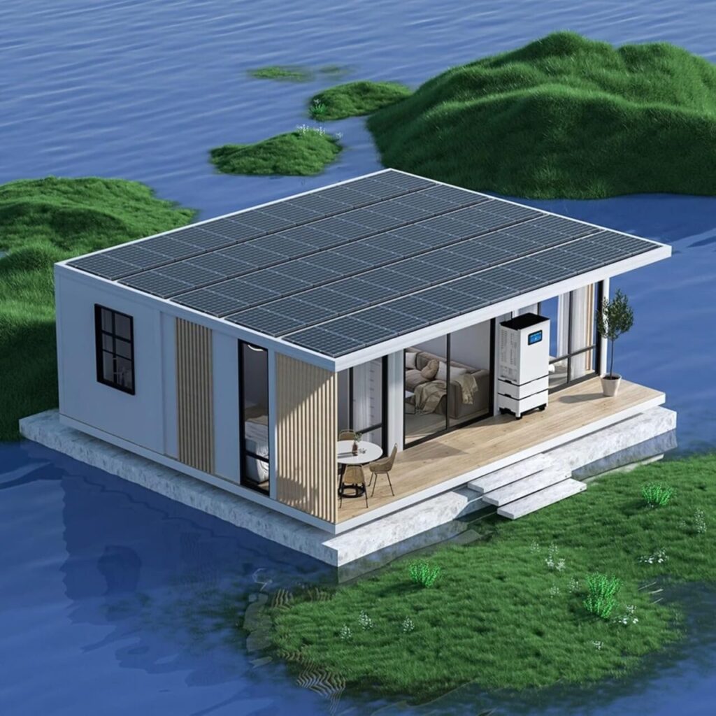 A white foldable Amazon tiny house sits on a stone slab over some water. It has a wooden front porch, a stone stairway and multiple interior rooms.