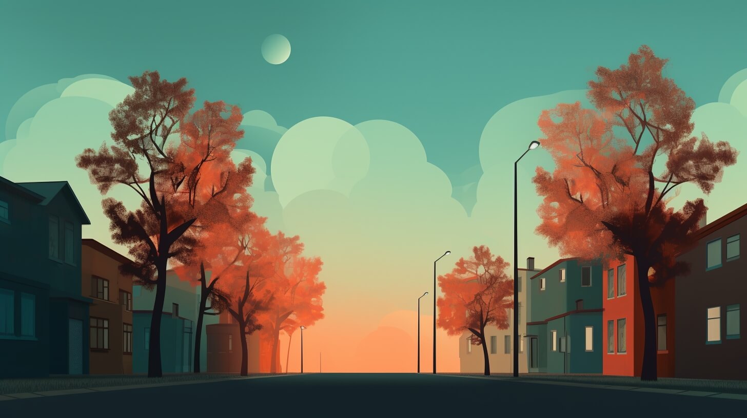 street with teal and orange buildings on either side