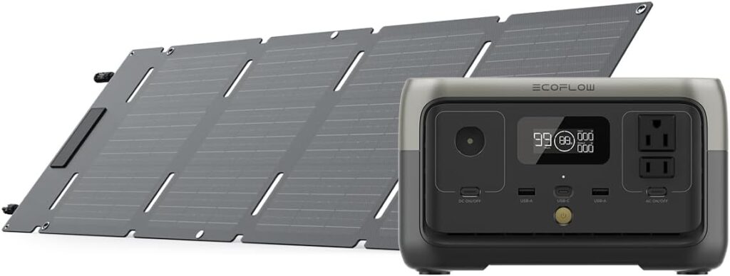 An ECOFLOW 45W solar power generator sits against its extended black panel on a white background.