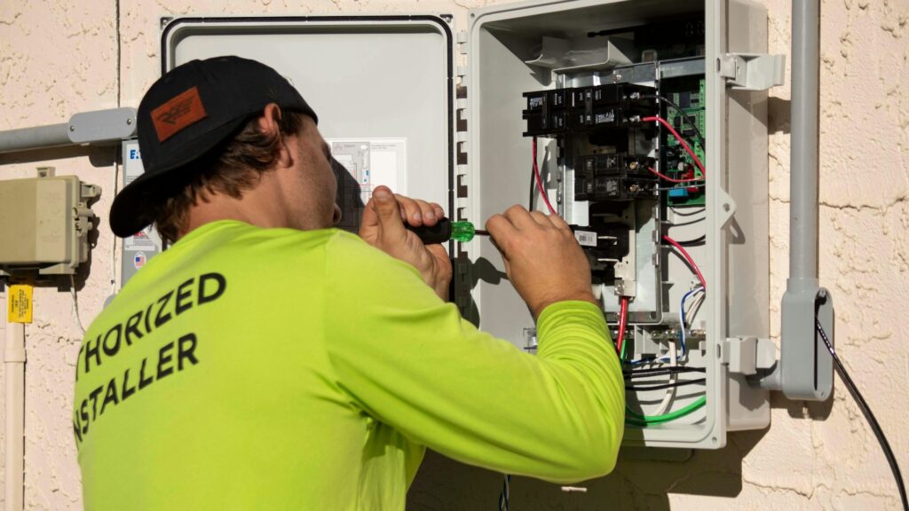 A man wearing a backwards black baseball cap and a bright green Authorized Installer shirt uses a screwdriver on the electrical box for a solar panel attached to a stucco house.