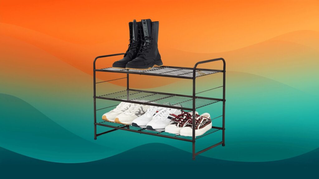 three tier wire shoe shelf with sneakers and boots on top in front of an orange and teal background