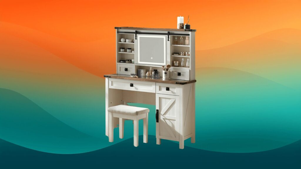 farmhouse style makeup vanity with a mirror, shelves, and stool in front of an orange and teal background