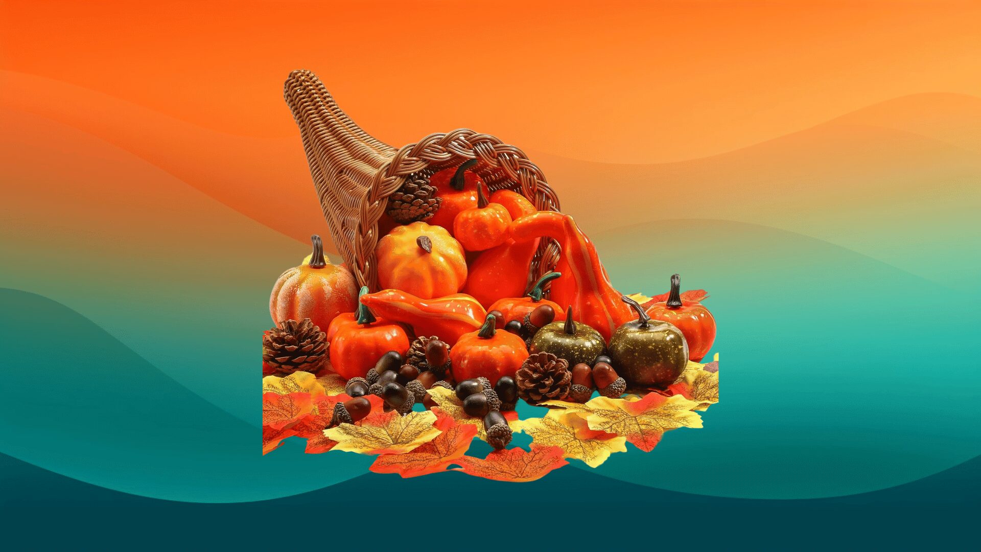 cornucopias with pumpkins, pinecones, and leaves in front of an orange and teal background