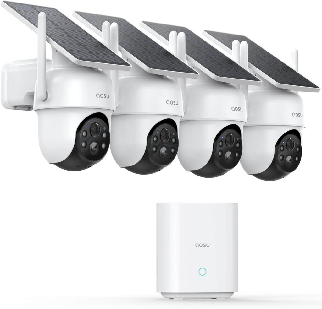 Four AOSU outdoor security cameras hang against a white background. Each has a tiny black solar panel and come with a white unit stand to control them from inside a house.