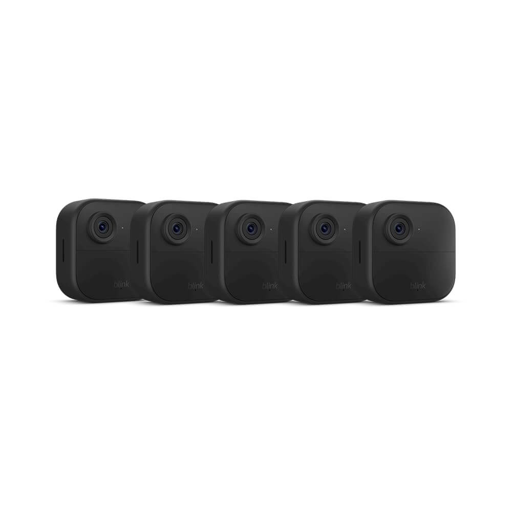 A pack of five mini black Blink cameras sit against a white background.