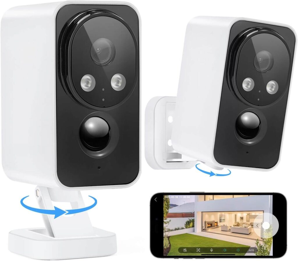 Two white Obbmox cameras with black forward-facing lenses sit against a white background. A smartphone sits horizontal beneath them, showing the live feed of a small backyard behind a white house with modern architecture.