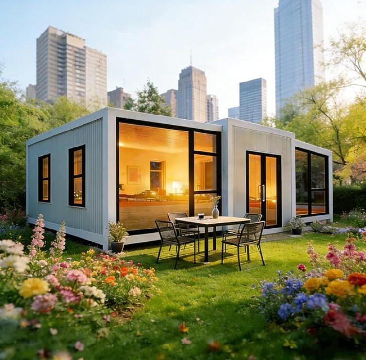 luxury small home in a grass and flowery field right outside a city