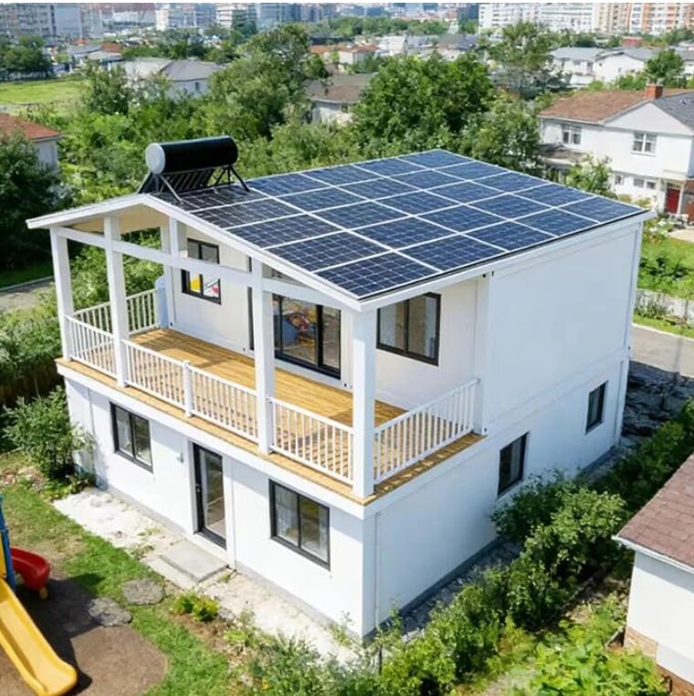 two-story small house in suburban area with solar panel roof