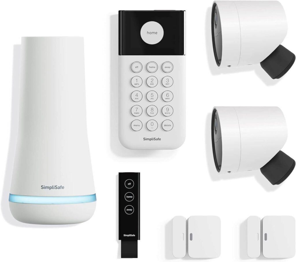 SimpliSafe, one of the leading brands in home security systems, displays its seven-piece security package. It includes a stand, a remove, window sensors, two cameras and a keypad.