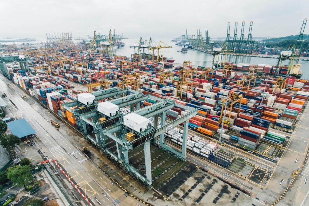 A bird's-eye view of a busy container port.