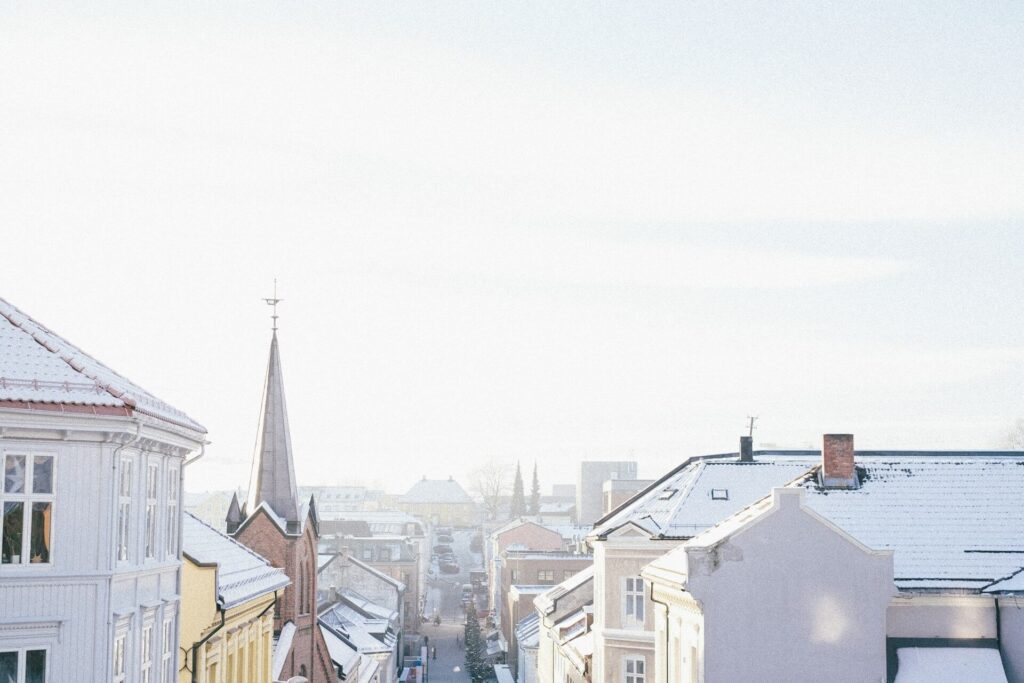 Snow creates white roofs in Skien, Norway