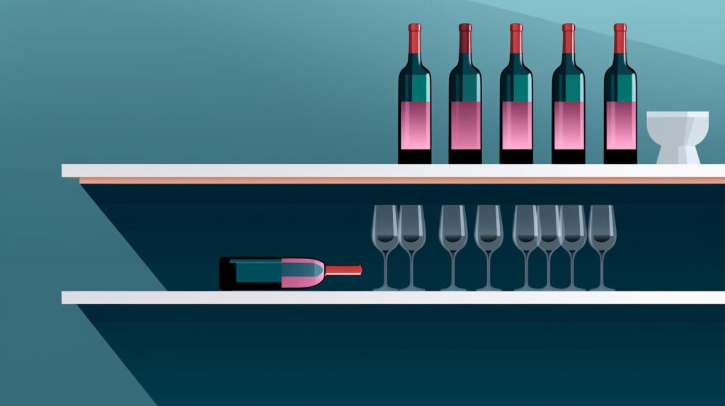 two floating shelves with wine bottles and clear wine glasses on them
